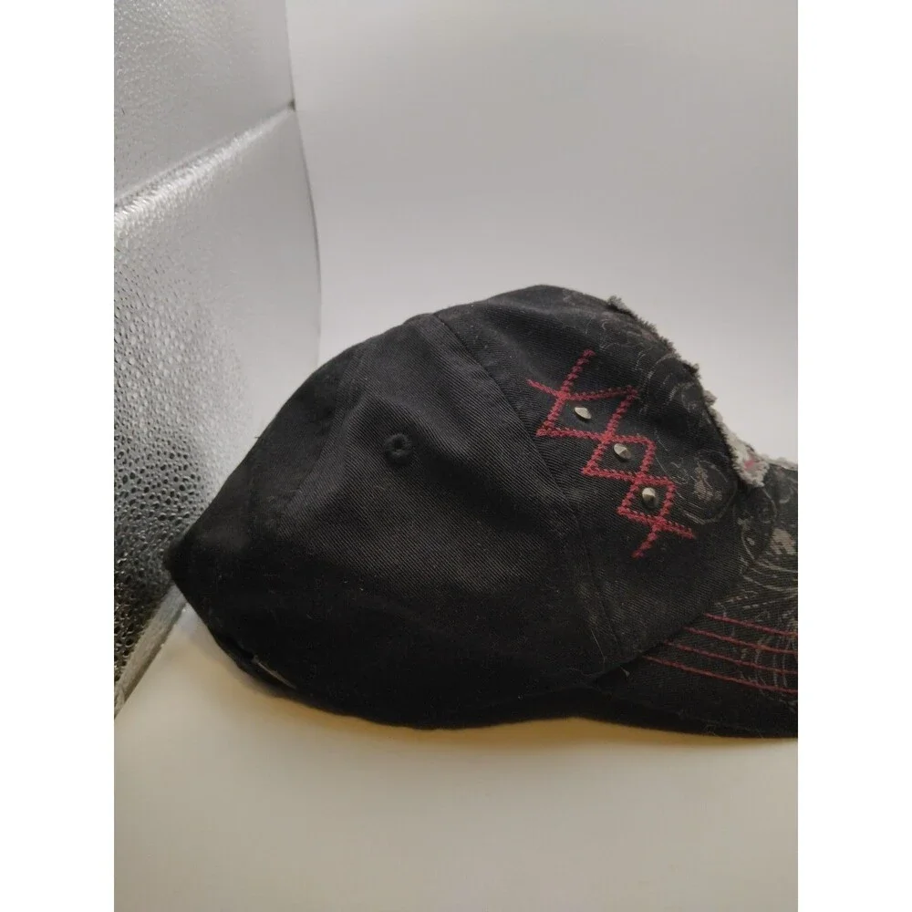 KBETHOS Y2K Rhinestone Embroidered Hat Black/Grey/Red Distressed Cap Vintage